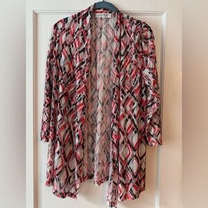 Kasper Sheer Cardigan with Red and Black Geometric Design